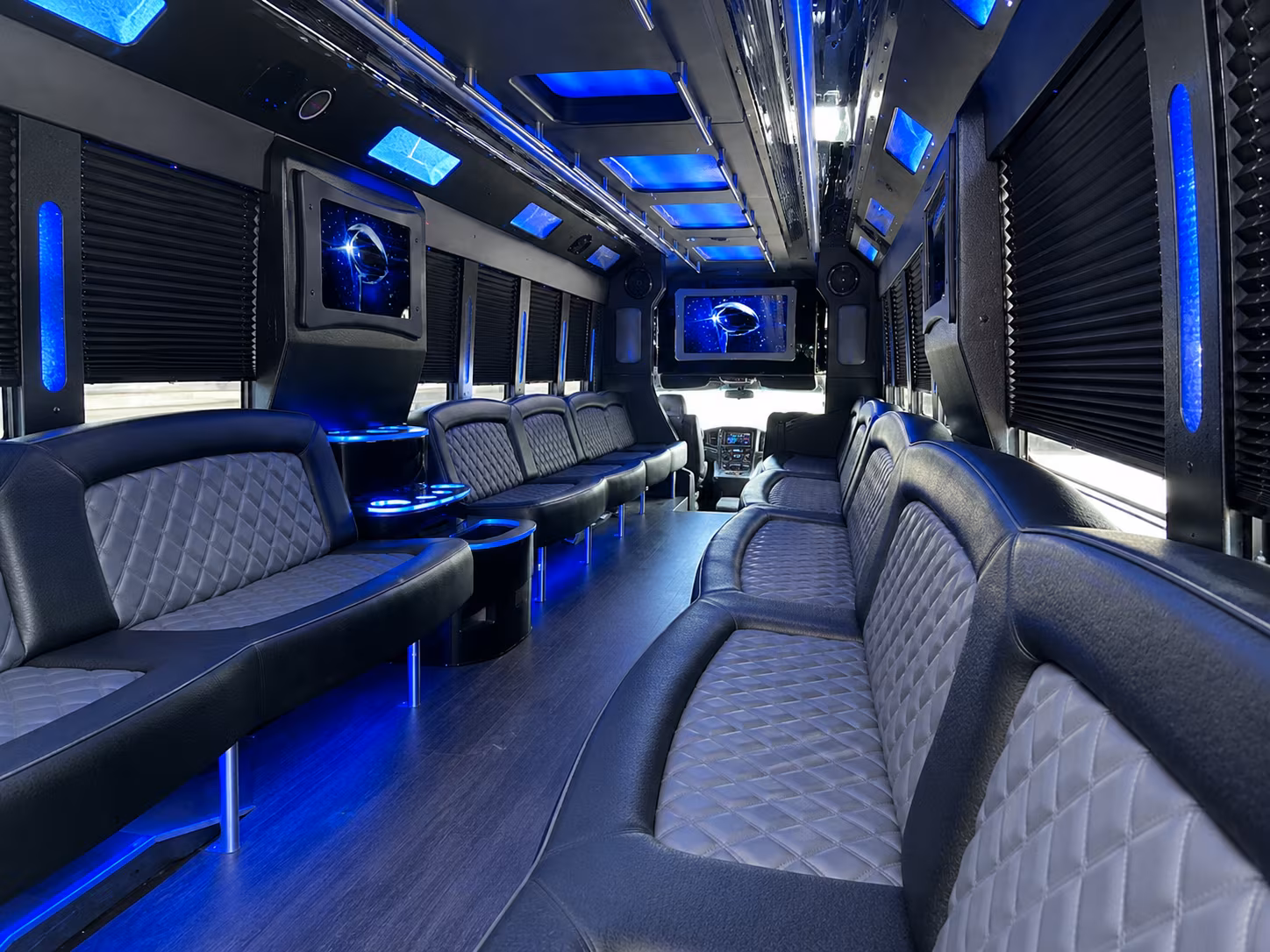 Wedding guests seated inside a party bus serving Norfolk