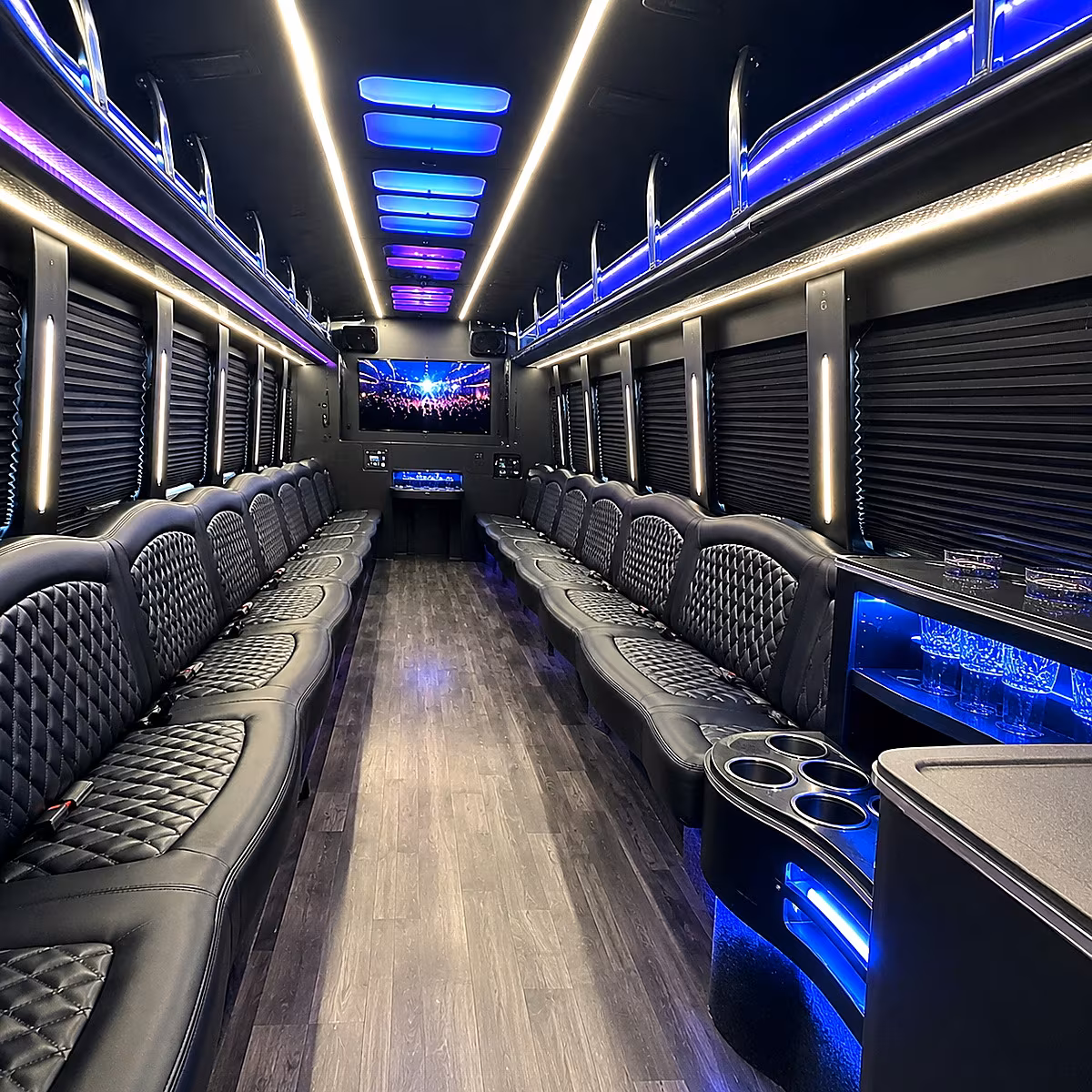 Passenger seating aboard a party bus rental serving Norfolk