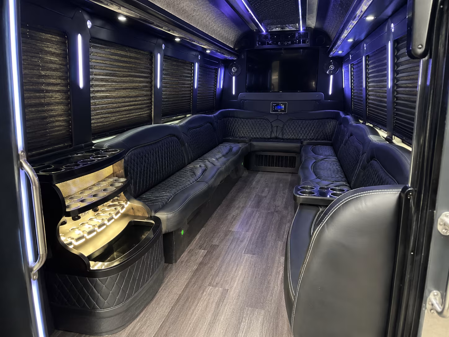 Interior of a party bus rental serving Norfolk